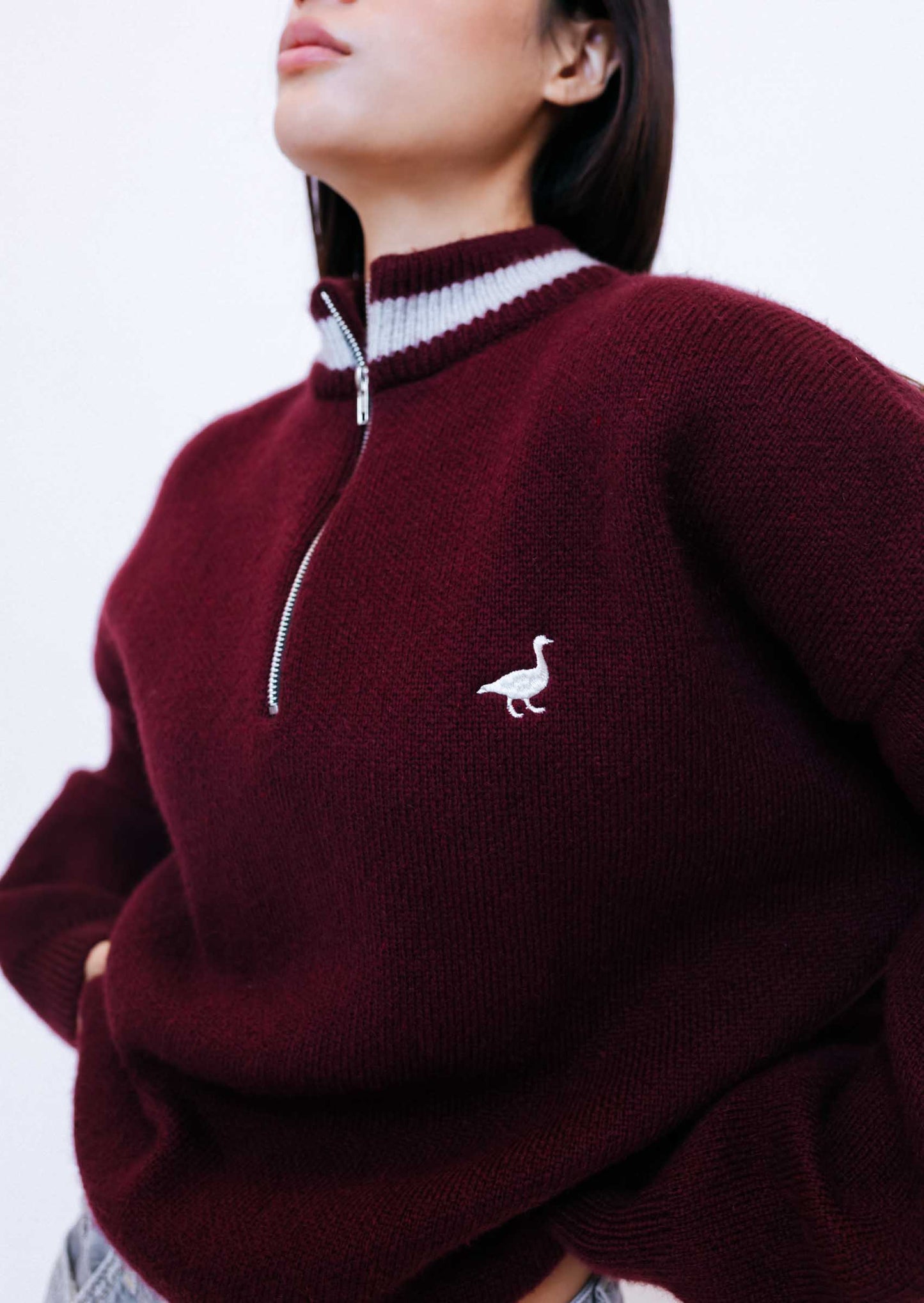 Unisex Knitted Goose 1/4 Zip Sweat - Burgundy