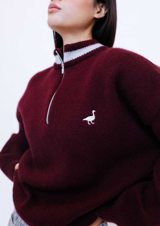 Unisex Knitted Goose 1/4 Zip Sweat - Burgundy