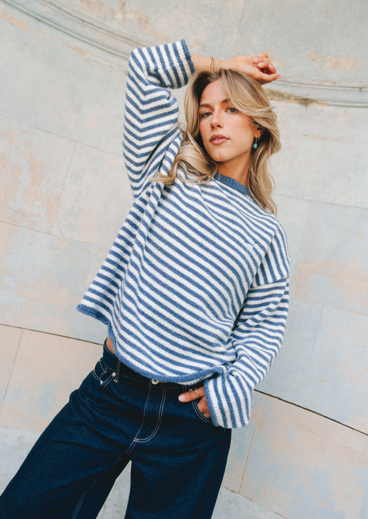 Goose Knitted Stripe Jumper – Denim Blue