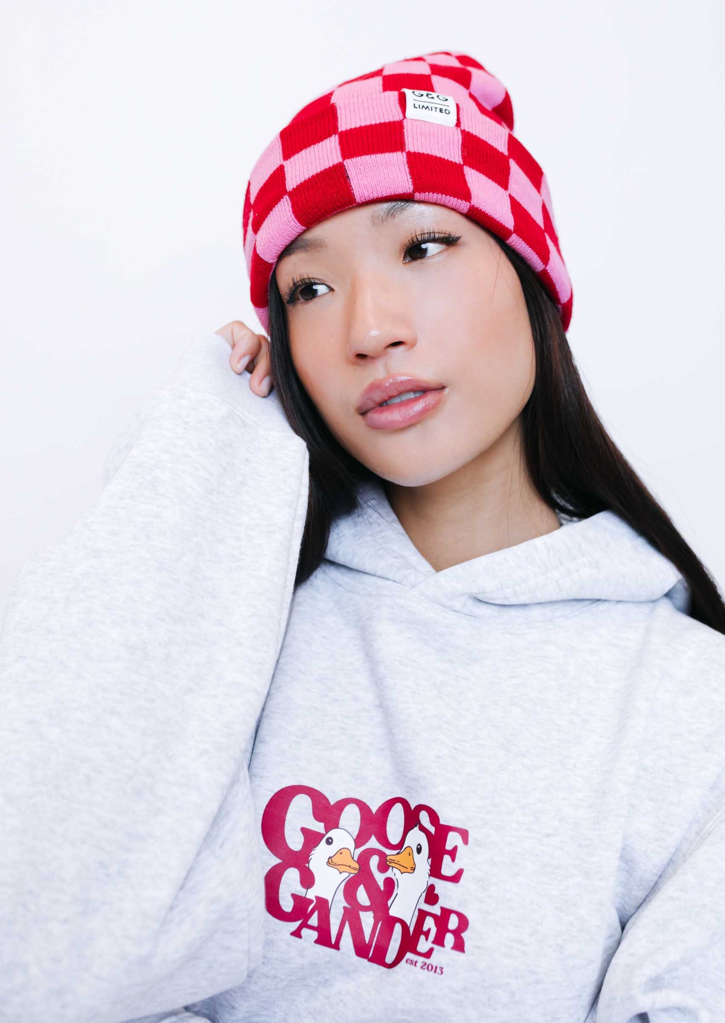 Unisex Checkered Tag Beanie - Pink/Red
